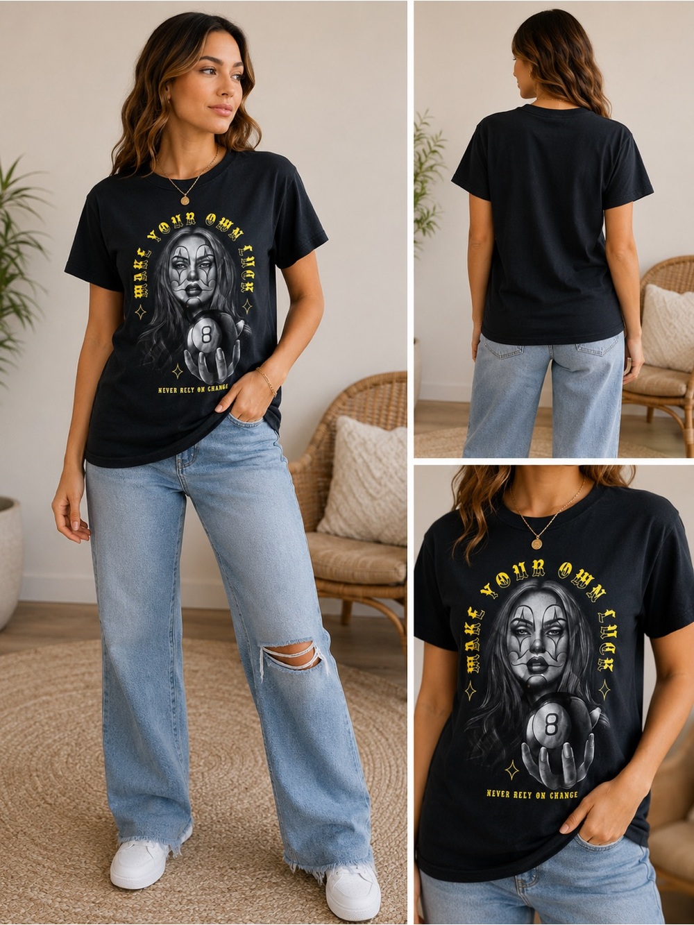 Black Graphic Short-Sleeve Tee with 8-Ball Portrait